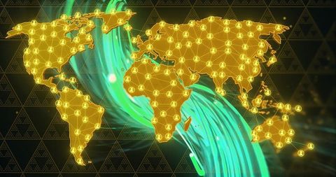 Global Digital Network Map with Glowing Nodes and Flowing Teal Data Stream