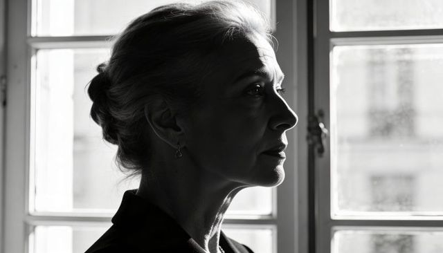 Elegant mature woman silhouette at window dramatic black and white profile portrait