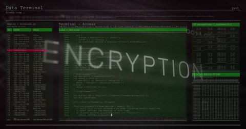 Cybersecurity Terminal Interface Showing Encrypted Code, IP Tables and Redacted Login List