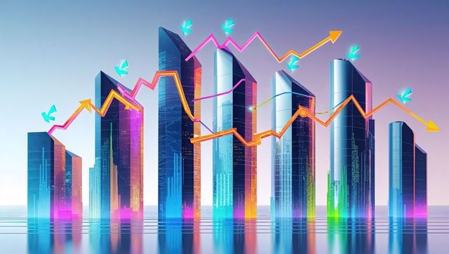 Futuristic neon cityscape with financial trend graphs