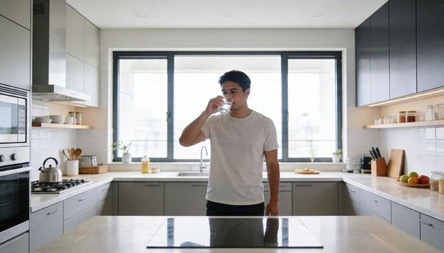 Young man drinking water at modern kitchen island in bright minimalist home interior