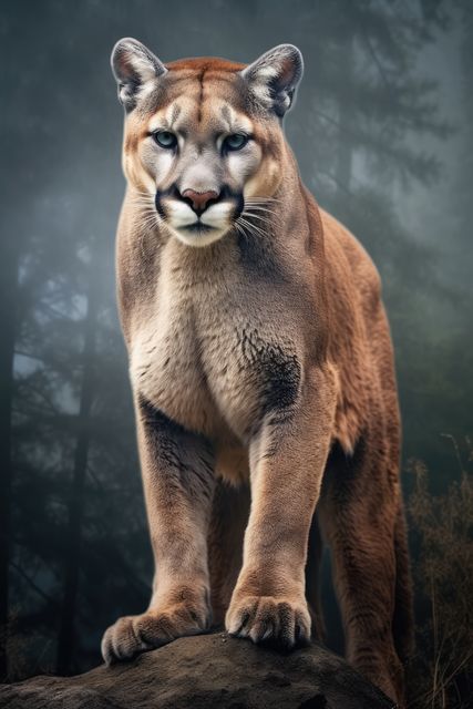A majestic mountain lion stands poised on a rock, gazing intently. Its powerful presence is accentuated by the misty forest backdrop, highlighting its status as a formidable predator.