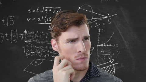 Confused Businessman Analyzing Complex Mathematical Problems