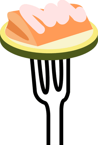 Transparent flat vector fork holding salmon slice with pink sauce