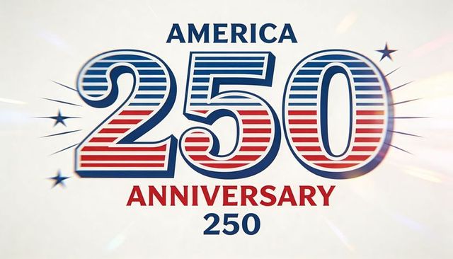 America 250 anniversary retro striped patriotic typography emblem with stars