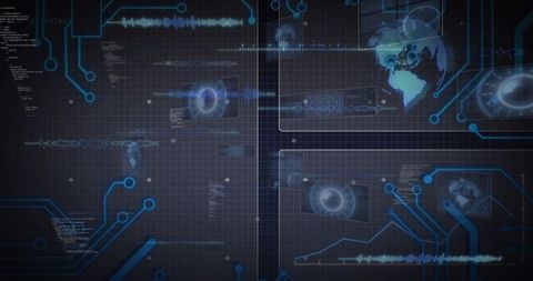 Futuristic HUD dashboard displaying globe, data streams, analytics and circuit network