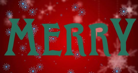 Festive Merry Text with Snowflakes on Red Background