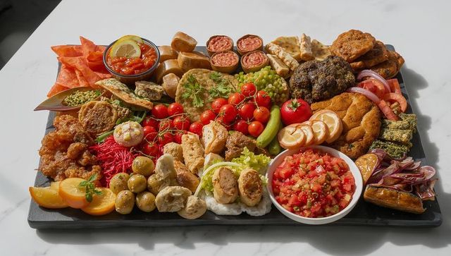 Assorted mediterranean appetizer platter on marble counter