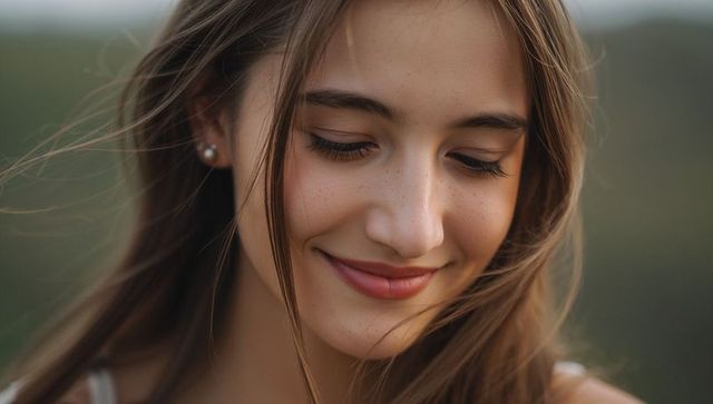 Young woman smiling with freckles and windblown hair closeup portrait golden hour meadow