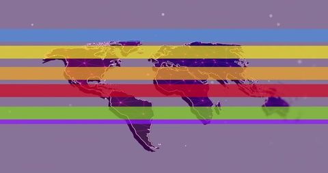 Displaying stylized world map with neon bands and magenta nodes, futuristic connectivity
