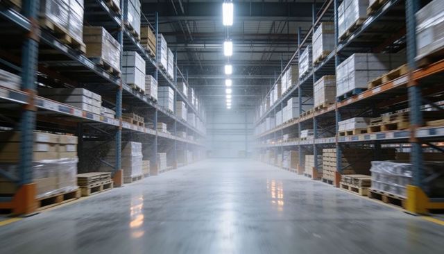 Highlighting central warehouse aisle reflecting overhead lights, stacked pallets lining tall racking