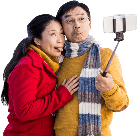 Playful Older Couple Taking Selfie With Transparent Background