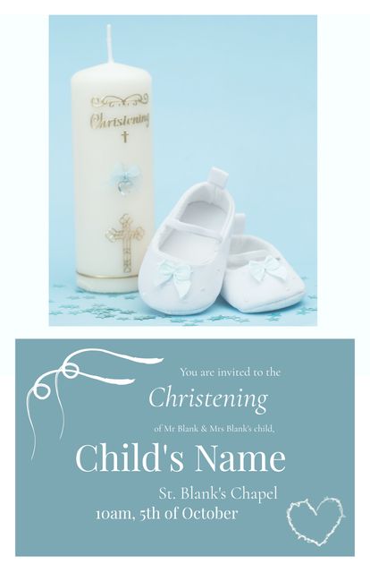 Christening Invitation Template with Candle and Baby Shoes in Pastel Blue Theme - Download Free Stock Templates Pikwizard.com