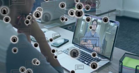 Business Professional Joining Video Call with Digital Icons Overlay