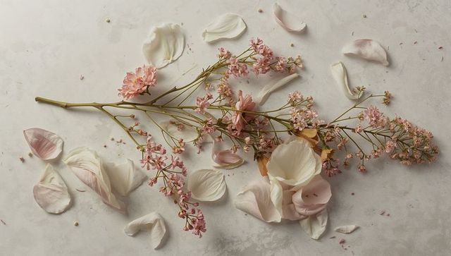 Delicate pale pink spray blossom lying on neutral tabletop with scattered cream blush petals