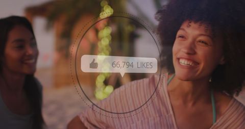 Joyful Moment on Sunny Beach with Social Media Interaction Overlay