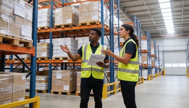 Warehouse team inspecting pallet racking while reviewing inventory checklist in high-bay