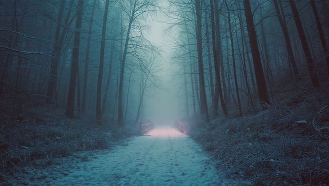 Foggy winter forest with mysterious wooden footbridge