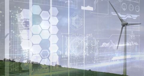 Wind Turbine on Green Hill with Digital Interface Overlay