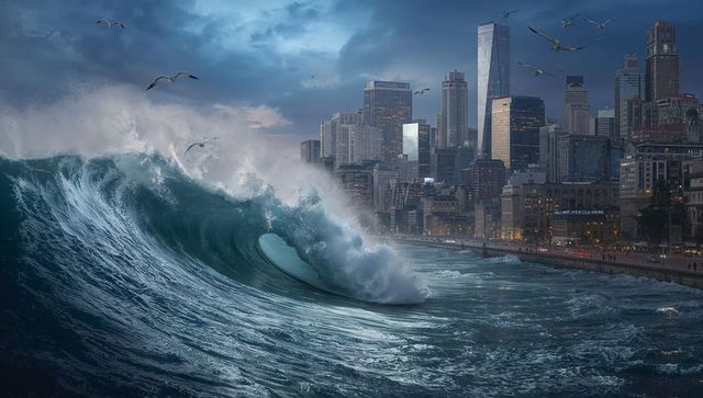 Gigantic Ocean Wave by Urban Coastal Skyline at Dusk