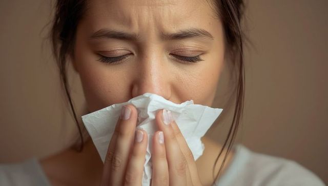 Woman suffering from cold sneezing with tissue close view