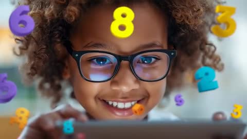 Smiling child practicing math on tablet with floating colorful numbers and AR learning
