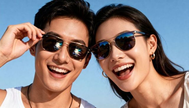 Smiling couple wearing reflective sunglasses at sunny beach, adjusting shades and laughing