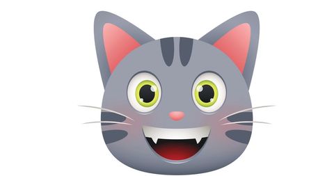 this graphic design shows a cartoon-style gray cat emoji with exaggerated features and fangs, set against a clean, white background. useful in social media posts, digital content creation, and marketing materials to convey emotions or fun tech-related themes.