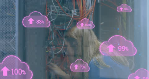 Female IT Technician in Server Room with Digital Cloud Statistics