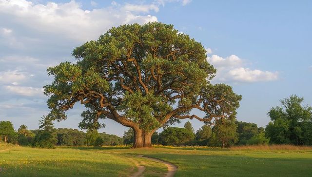 Majestic sprawling tree standing over sunlit meadow with winding dirt path at golden hour