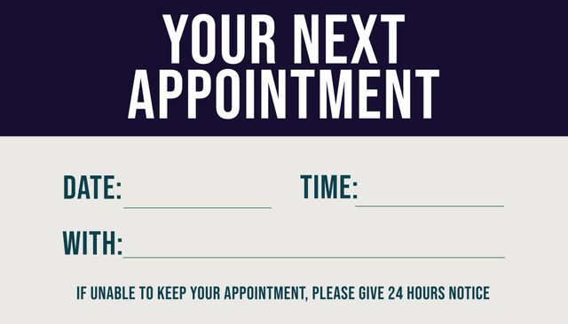 This appointment card template is ideal for businesses or individuals needing to organize meetings, appointments, and scheduling details. Useful for dental offices, spa centers, medical appointments, or corporate events. It provides clear areas to fill in essential information such as date, time, and who to meet with, promoting efficient communication and time management.