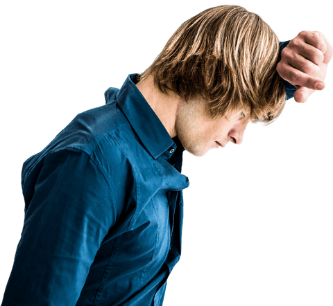 Pensive young man stressful moment transparent background