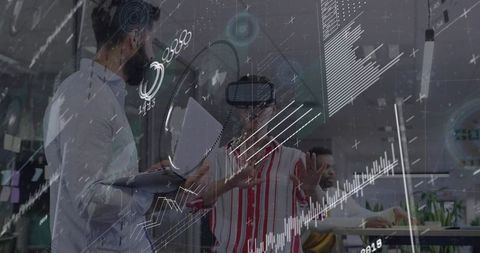 Woman using vr headset collaborating with team visualizing holographic dashboards