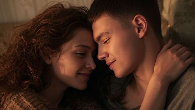 Young couple sharing intimate moment in cozy bed with warm golden light