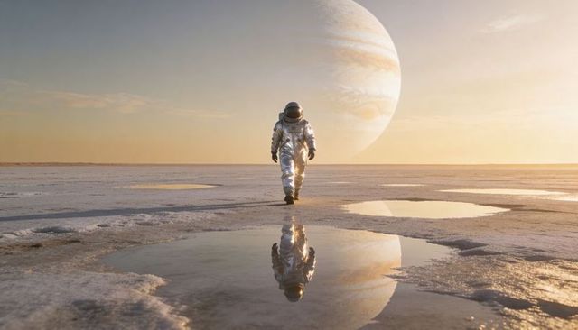 Lone astronaut walking across reflective salt plain with distant gas giant at sunset