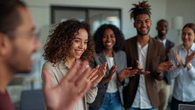 Diverse team applauding colleague celebrating achievement in modern office collaboration
