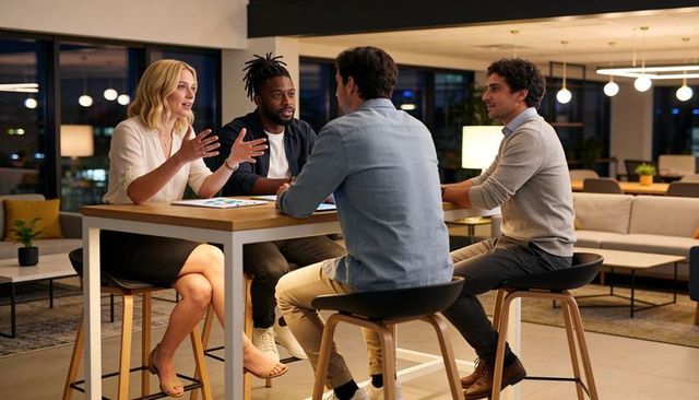 Evening team brainstorming around high table in modern open office lounge and tablet charts