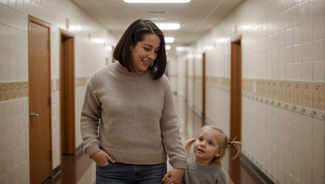 Mother walking with daughter in school hallway holding hands and smiling