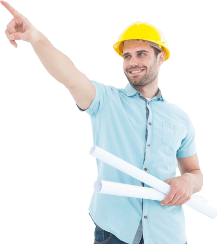 happy architect pointing with blueprints on transparent background - Download Free Stock Videos Pikwizard.com