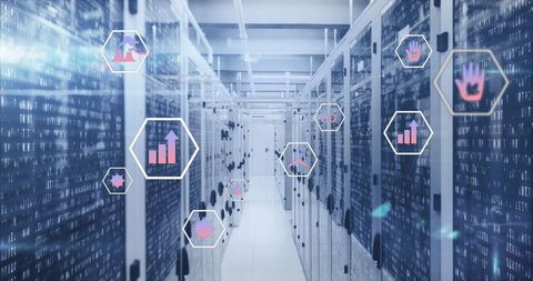 digital composite with icons over data server racks - Download Free Stock Images Pikwizard.com
