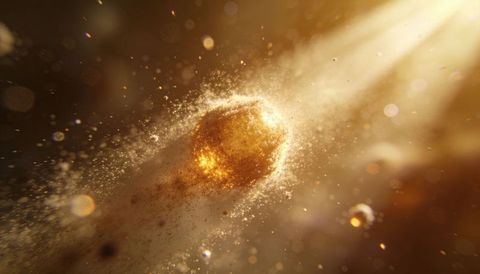 Gliding golden orb casting dust halo under radiant amber beam with glowing particle trail