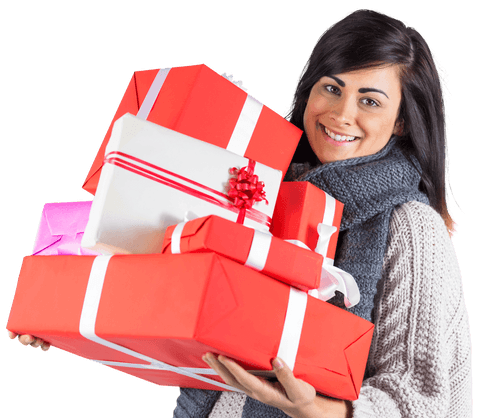Woman holding stack of transparent wrapped holiday gifts begeiten smiling