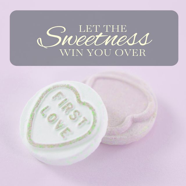 Image features heart-shaped cookies with an embossed 'First Love' message, set against a delicately toned lilac background. Ideal for valentine's promotions, greeting cards, wedding invitations, and romantic-themed decorations. Typography adds a sweet and inviting touch, making it perfect for marketing confectionery products or creating uplifting social media content.