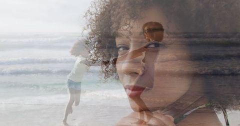 Thoughtful Woman with Mother-Daughter Beach Scene Reflection