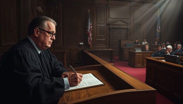 Senior judge signing court document at raised bench in solemn wood-paneled courtroom