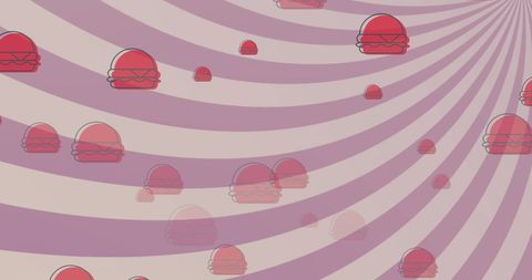 Falling red hamburgers on pink and white swirl background