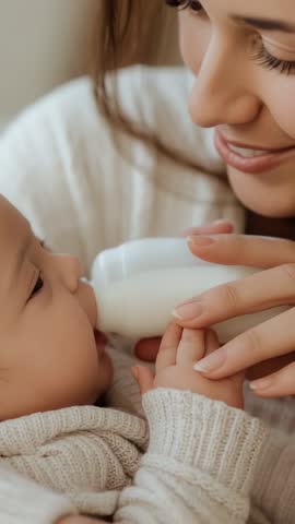 Mother cradling, feeding baby bottle responding to hunger cue vertical motherhood video
