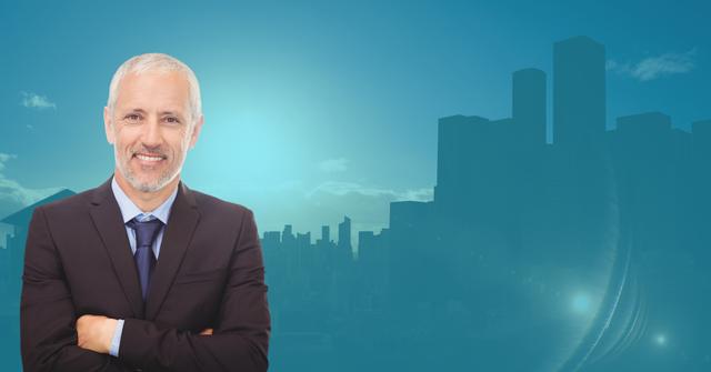 Digital composite image of businessman standing with arms crossed against city background