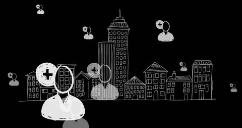 Social media icons hovering over sketched cityscape