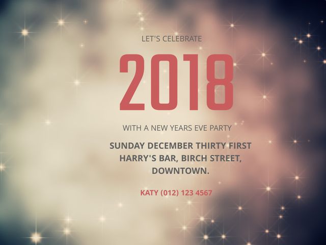 Editable design ideal for inviting guests to New Year's Eve parties. Features a stylish 2018 graphic with celebratory background perfect for events and celebrations. Use for milestone birthday parties, corporate events, and gatherings announcing venues, times, and contact information efficiently.